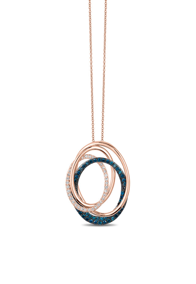 The Bella Bleu 14K Rose Gold Blue and White Diamond Pendant (0.45 TCW) features three interlocking ovals—one with blue and white diamonds, one with clear gemstones, and one plain rose gold—suspended from a delicate chain.