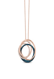 The Bella Bleu 14K Rose Gold Blue and White Diamond Pendant (0.45 TCW) features three interlocking ovals—one with blue and white diamonds, one with clear gemstones, and one plain rose gold—suspended from a delicate chain.