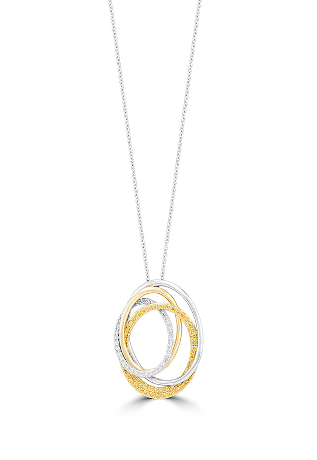 The Canare 14K 2-Tone Gold Yellow and White Diamond Crossover Pendant features elegant oval loops in yellow and white gold, accented with sparkling diamonds totaling 0.45 TCW for a modern, sophisticated look.