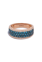 The Bella Bleu 14K Rose Gold Blue and White Diamond Ring, 1.28 TCW, features rows of blue gemstones accented by white diamonds and is engraved with the EFFY brand name inside the band.