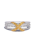 The Canare 14K 2-Tone Gold Yellow and White Diamond Band, 0.35 TCW, features three silver bands with small diamonds and a bold gold X shape set with yellow and white diamonds at the center.