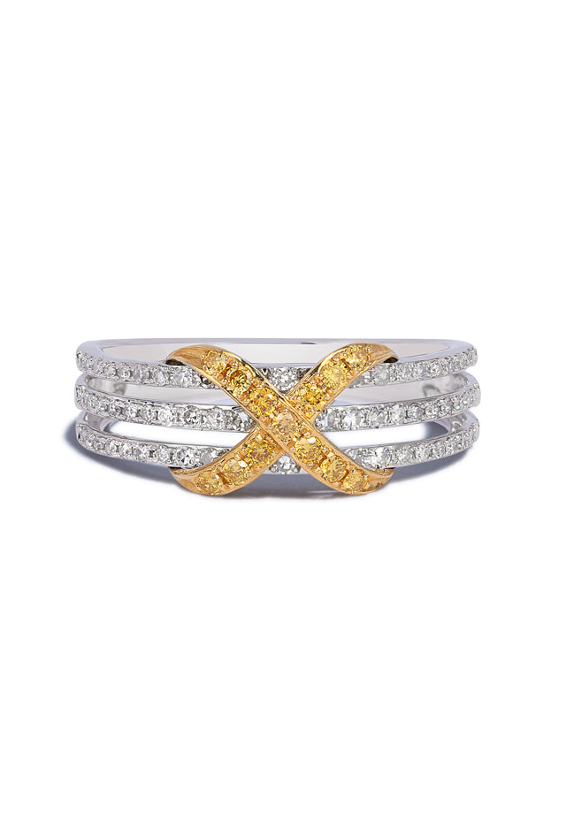 The Canare 14K 2-Tone Gold Yellow and White Diamond Band, 0.35 TCW, features three silver bands with small diamonds and a bold gold X shape set with yellow and white diamonds at the center.