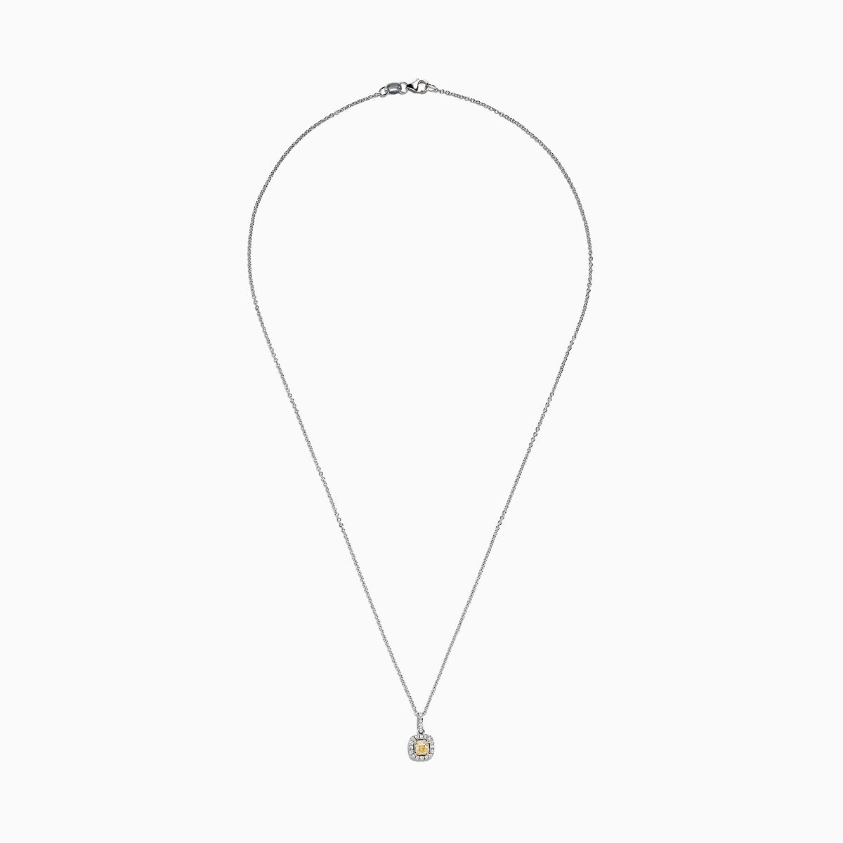 The Canare 18K Two-Tone Gold Cushion Cut Yellow Diamond Pendant (0.52 TCW) features a yellow diamond in a cushion cut, haloed by clear stones and suspended from a fine two-tone gold chain.