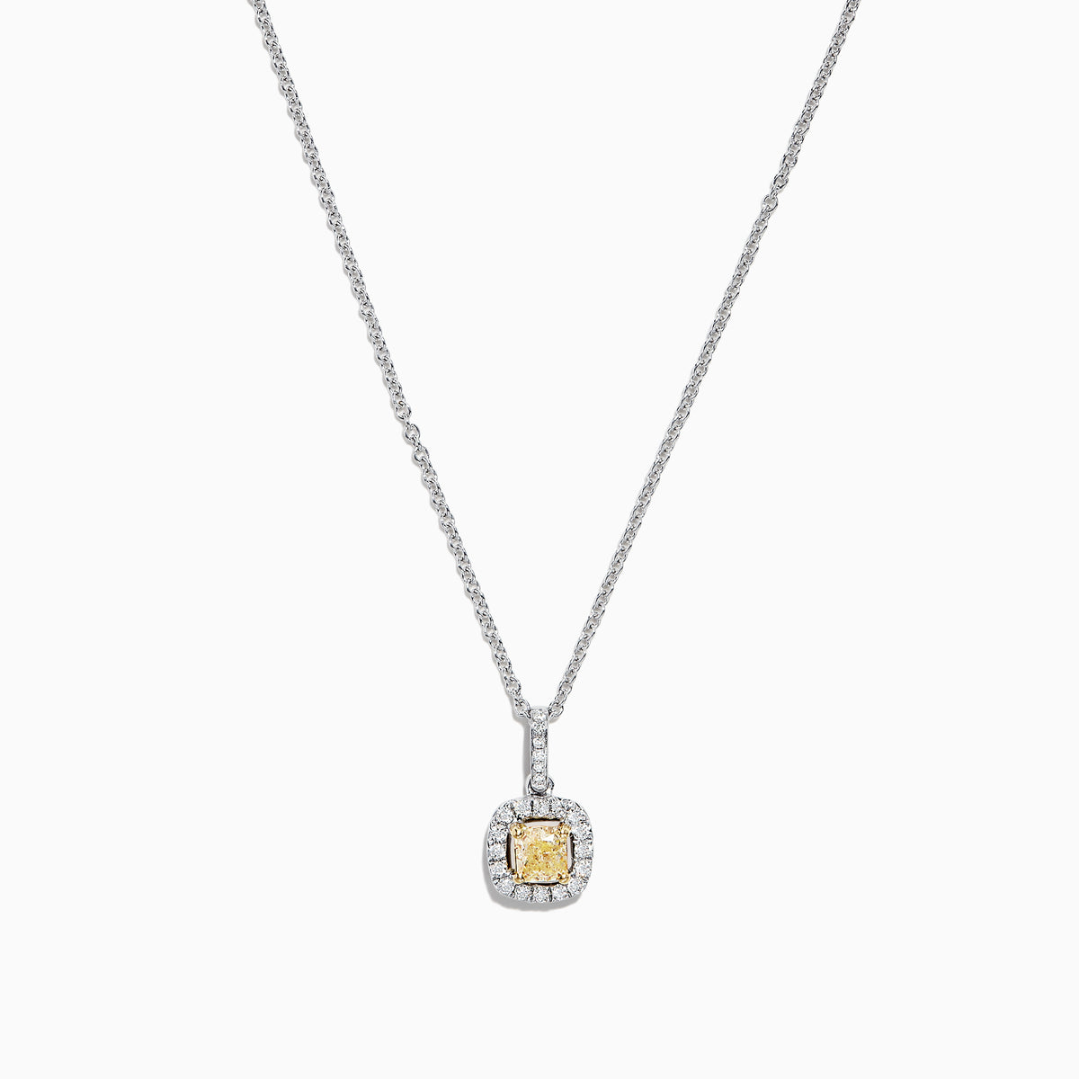 The Canare 18K Two-Tone Gold Cushion Cut Yellow Diamond Pendant (0.52 TCW) features a yellow diamond in a cushion cut, haloed by clear stones and suspended from a fine two-tone gold chain.