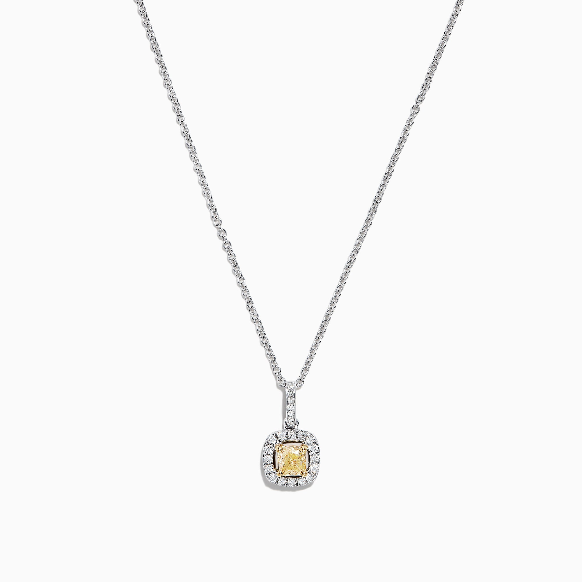 The Canare 18K Two-Tone Gold Cushion Cut Yellow Diamond Pendant (0.52 TCW) features a yellow diamond in a cushion cut, haloed by clear stones and suspended from a fine two-tone gold chain.