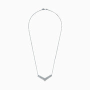 The 925 Sterling Silver Diamond Necklace features a V-shaped pendant with two rows of round diamonds, set at the chain’s base for maximum brilliance and a total carat weight of 0.47 TCW.