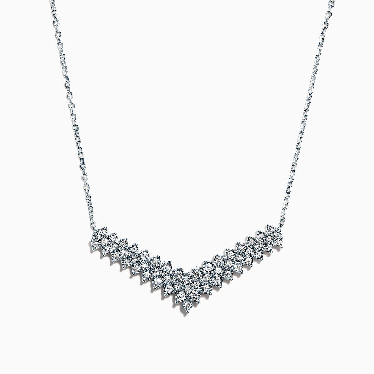 The 925 Sterling Silver Diamond Necklace features a V-shaped pendant with two rows of round diamonds, set at the chain’s base for maximum brilliance and a total carat weight of 0.47 TCW.