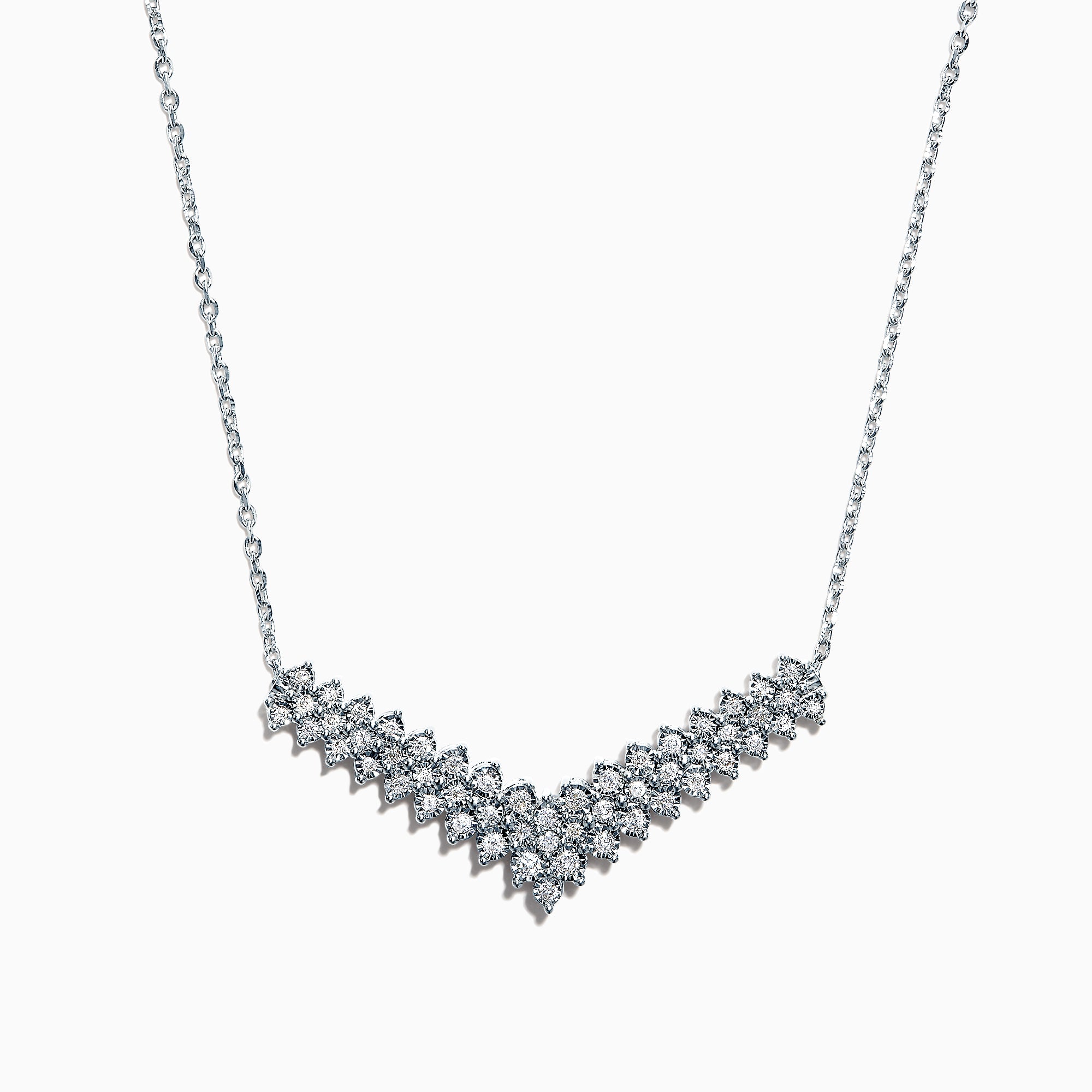 The 925 Sterling Silver Diamond Necklace features a V-shaped pendant with two rows of round diamonds, set at the chain’s base for maximum brilliance and a total carat weight of 0.47 TCW.