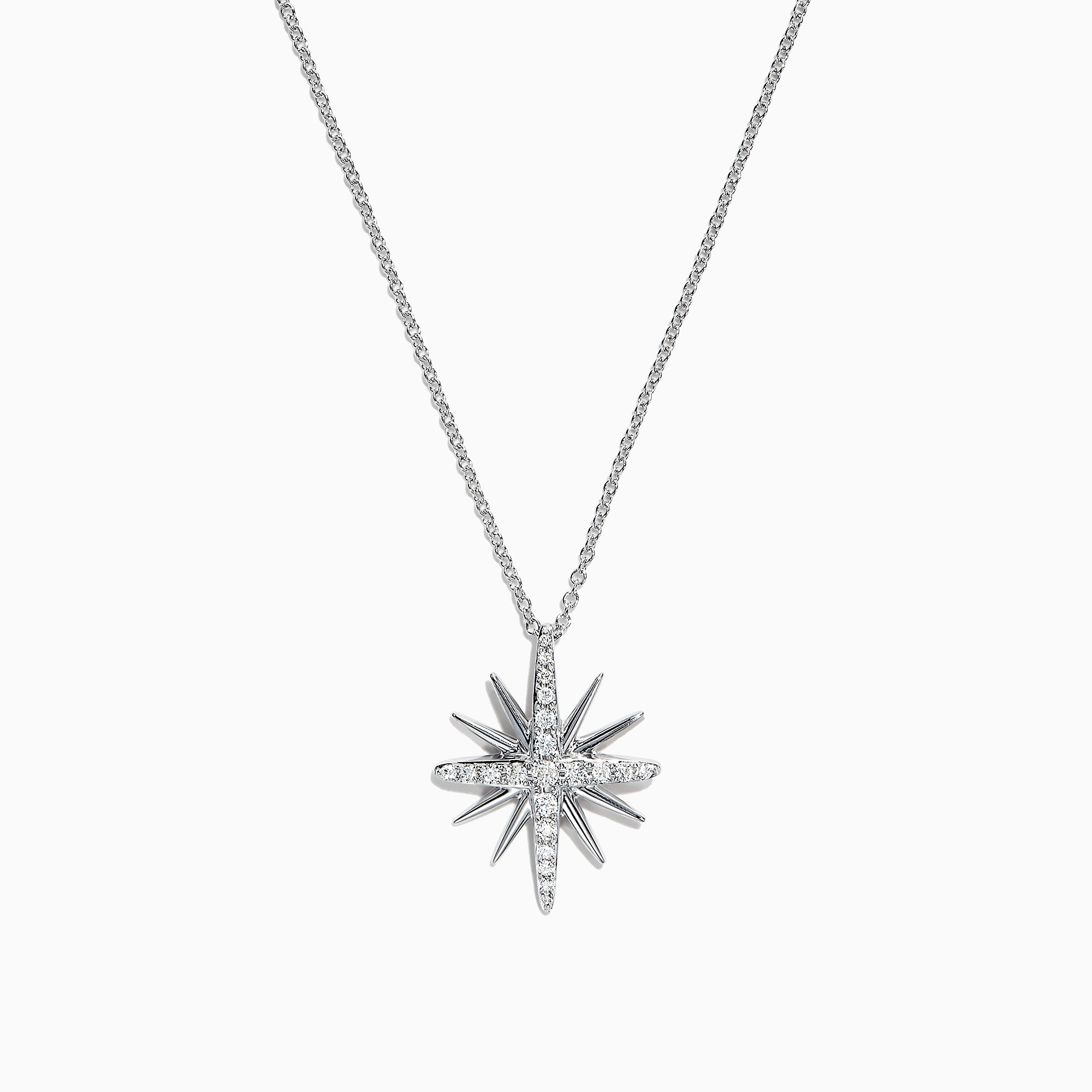 The Pave Classica 14K White Gold Diamond Star Pendant, 0.26 TCW, features a sparkling diamond star on a delicate white gold chain, set against a white background.