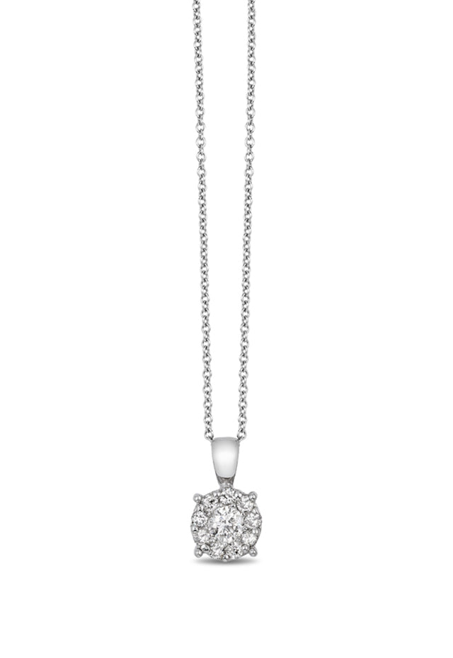 The Bouquet 14K White Gold Diamond Cluster Pendant features a round diamond and sparkling accents in a simple four-prong setting. With a 0.47 TCW, this elegant necklace adds brilliance to any look.