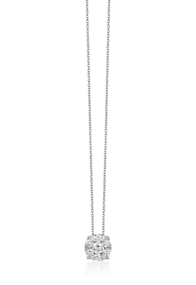 The Bouquet 14K White Gold Diamond Cluster Pendant (0.27 TCW) features sparkling diamonds set in white gold, suspended from a delicate chain against a white background.