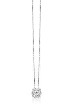 The Bouquet 14K White Gold Diamond Cluster Pendant (0.27 TCW) features sparkling diamonds set in white gold, suspended from a delicate chain against a white background.