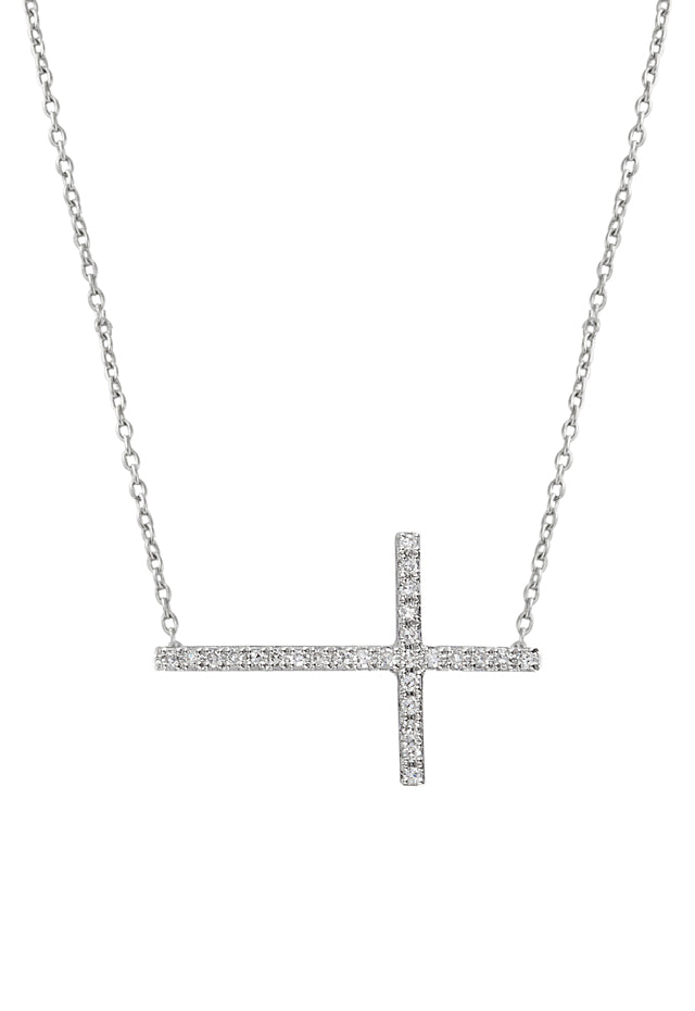 The Novelty 14K White Gold Diamond Cross Necklace (.09 TCW) features a delicate sideways cross pendant with sparkling diamonds on a fine chain—a graceful Effy piece.