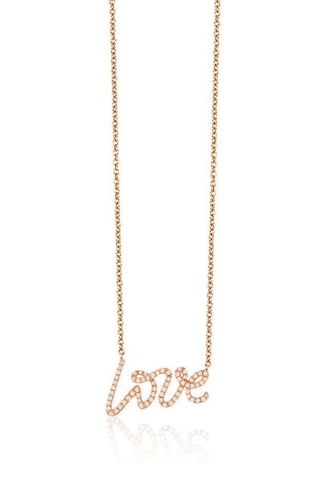 The Novelty 14K Rose Gold Diamond Love Pendant features love in cursive, set with 0.26 TCW of diamonds on a delicate chain for a sparkling touch of elegance.