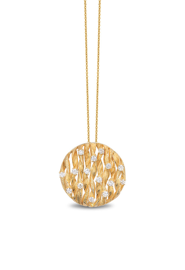 Effy DOro 14K Textured Yellow Gold Diamond Pendant, 0.83 TCW, features a woven-style round design with scattered diamonds on a delicate gold chain, shown against a white background.
