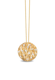 Effy DOro 14K Textured Yellow Gold Diamond Pendant, 0.83 TCW, features a woven-style round design with scattered diamonds on a delicate gold chain, shown against a white background.