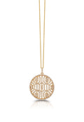 The DOro 14K Yellow Gold Diamond Maze Pendant, 1.00 TCW, features an intricate round design set with diamonds and hangs from a fine gold chain against a white background.