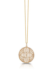 The DOro 14K Yellow Gold Diamond Maze Pendant, 1.00 TCW, features an intricate round design set with diamonds and hangs from a fine gold chain against a white background.