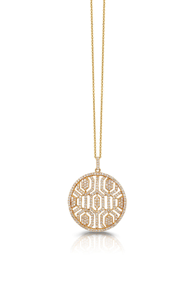 The DOro 14K Yellow Gold Diamond Maze Pendant, 1.00 TCW, features an intricate round design set with diamonds and hangs from a fine gold chain against a white background.