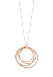 The Pave Rose 14K Rose Gold Diamond Circles Pendant, 0.70 TCW features three interlocking circles—two adorned with diamonds and one plain—hanging from a delicate chain on a white background.
