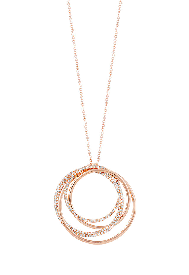 The Pave Rose 14K Rose Gold Diamond Circles Pendant, 0.70 TCW features three interlocking circles—two adorned with diamonds and one plain—hanging from a delicate chain on a white background.