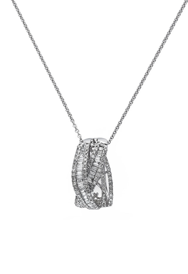 The Pave Classica 14K White Gold Diamond Pendant (0.75 TCW) features multiple intertwined, diamond-encrusted bands on a delicate chain, displayed against a plain white background.