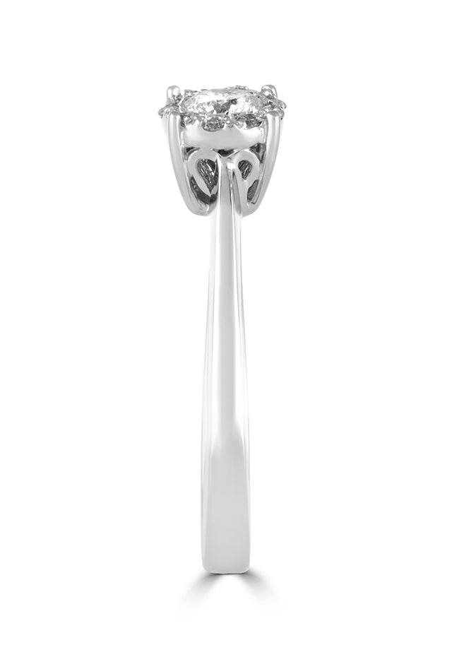 The Bouquet 14K White Gold Diamond Engagement Ring, 0.33 TCW, features a round center diamond with a halo of smaller diamonds on a slender band, shown against a white background.