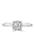 The Bouquet 14K White Gold Diamond Engagement Ring, 0.33 TCW, features a round center diamond with a halo of smaller diamonds on a slender band, shown against a white background.
