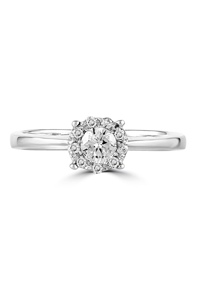 The Bouquet 14K White Gold Diamond Engagement Ring, 0.33 TCW, features a round center diamond with a halo of smaller diamonds on a slender band, shown against a white background.