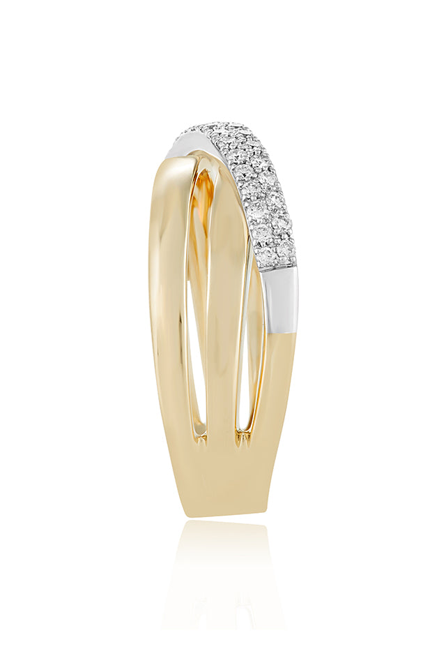 The Duo 14K White and Yellow Gold Diamond Crossover Ring, 0.24 TCW, features three overlapping bands—one set with sparkling diamonds—for a distinctive, elegant Effy style.