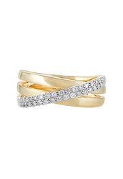 The Duo 14K White and Yellow Gold Diamond Crossover Ring, 0.24 TCW, features three overlapping bands—one set with sparkling diamonds—for a distinctive, elegant Effy style.