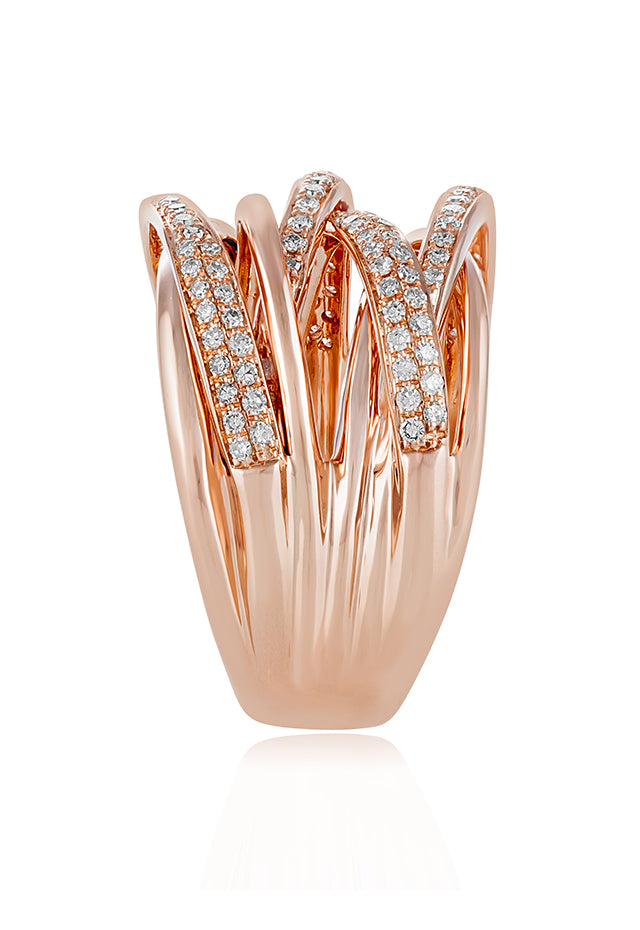 The Pave Rose 14K Rose Gold Diamond Cross Over Ring, 0.53 TCW, showcases multiple intertwining bands adorned with sparkling white diamonds for a luxurious look.