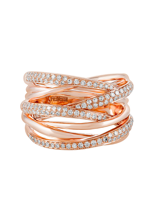 The Pave Rose 14K Rose Gold Diamond Cross Over Ring, 0.53 TCW, showcases multiple intertwining bands adorned with sparkling white diamonds for a luxurious look.
