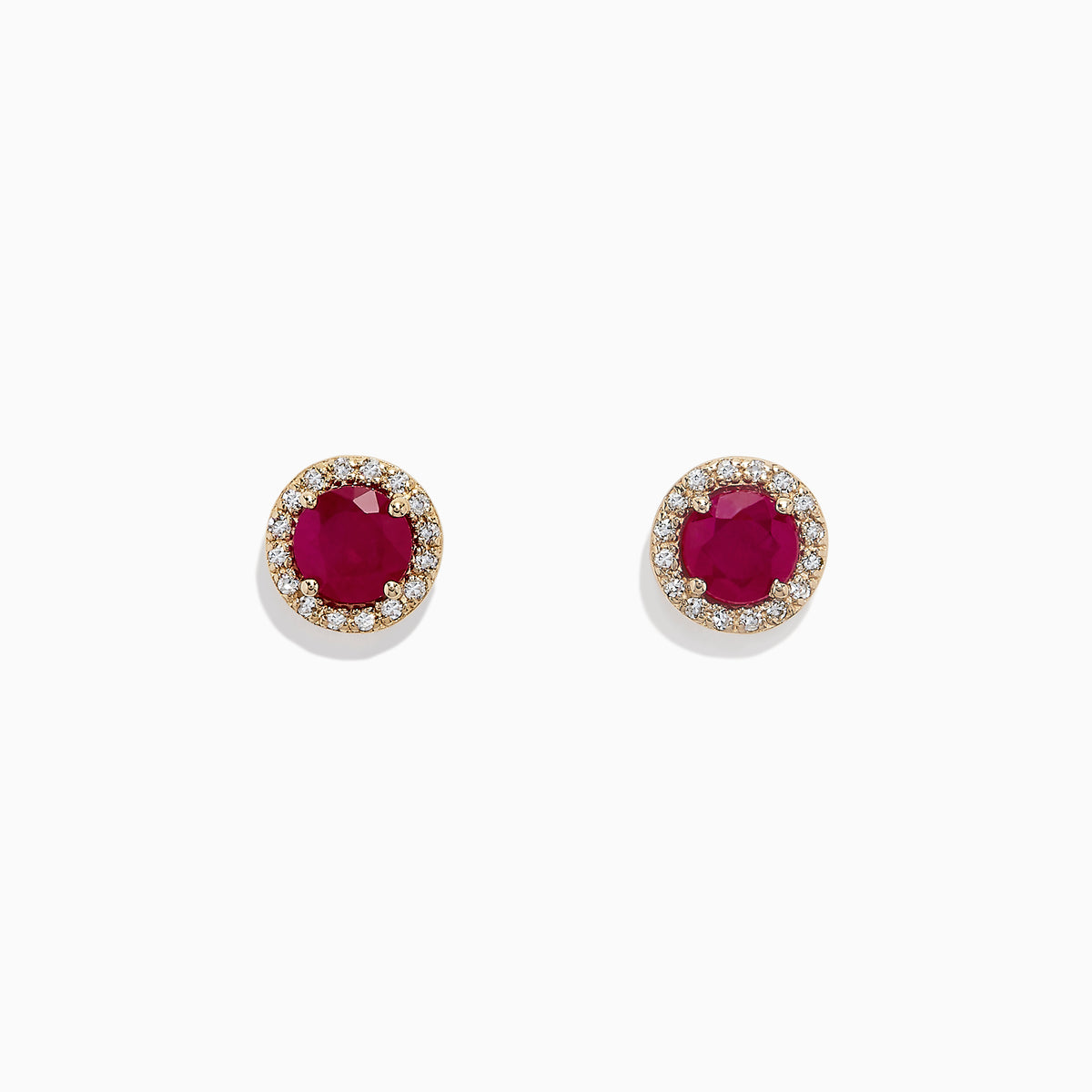 Ruby Royale 14K Yellow Gold Round Diamond Halo Ruby Stud Earrings, 1.27 TCW, feature vibrant red rubies at the center of each stud, surrounded by a sparkling diamond halo, all set against a plain white background.