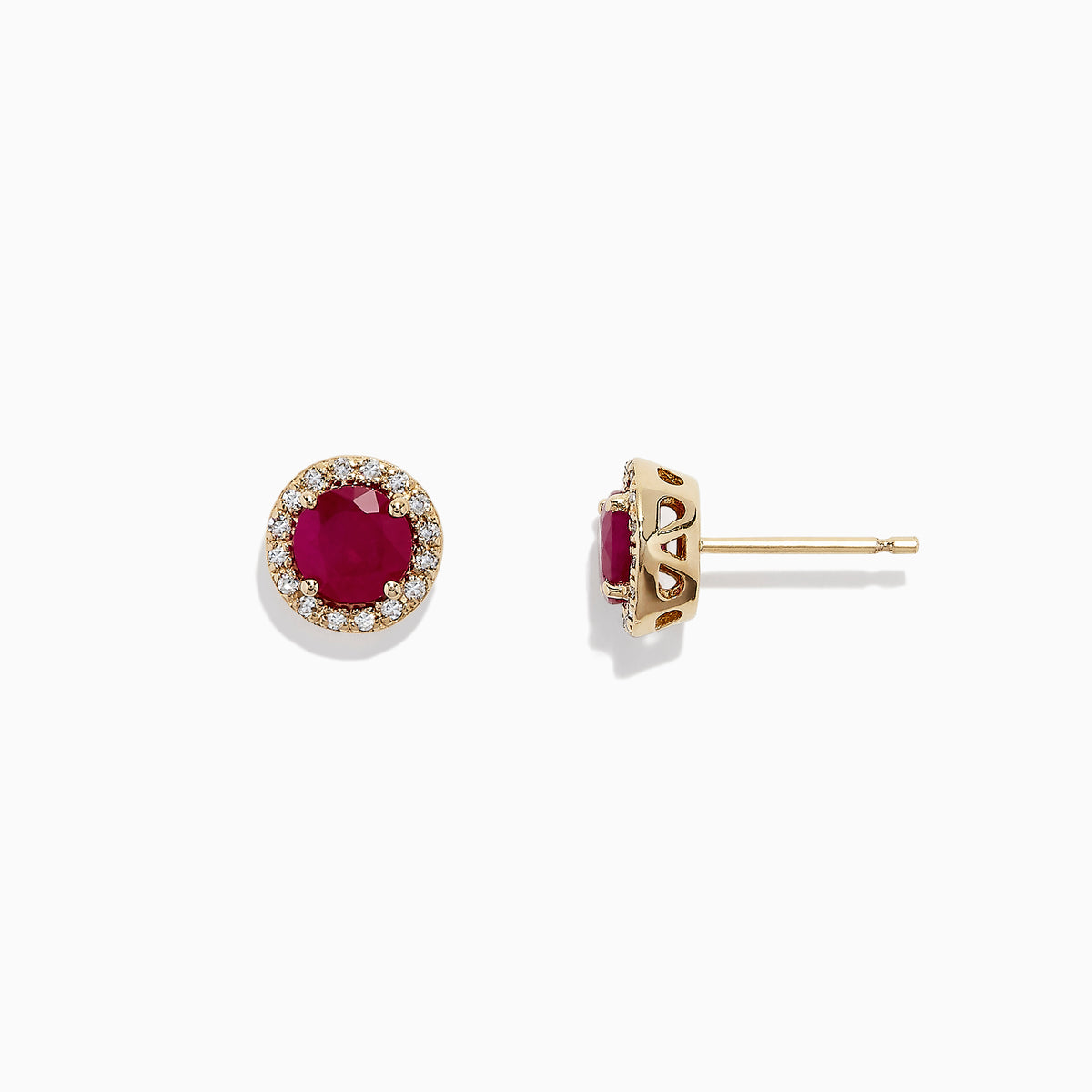 The Ruby Royale 14K Yellow Gold Round Diamond Halo Ruby Stud Earrings (1.27 TCW) feature vibrant round red rubies encircled by sparkling diamond halos, shown on a white background.