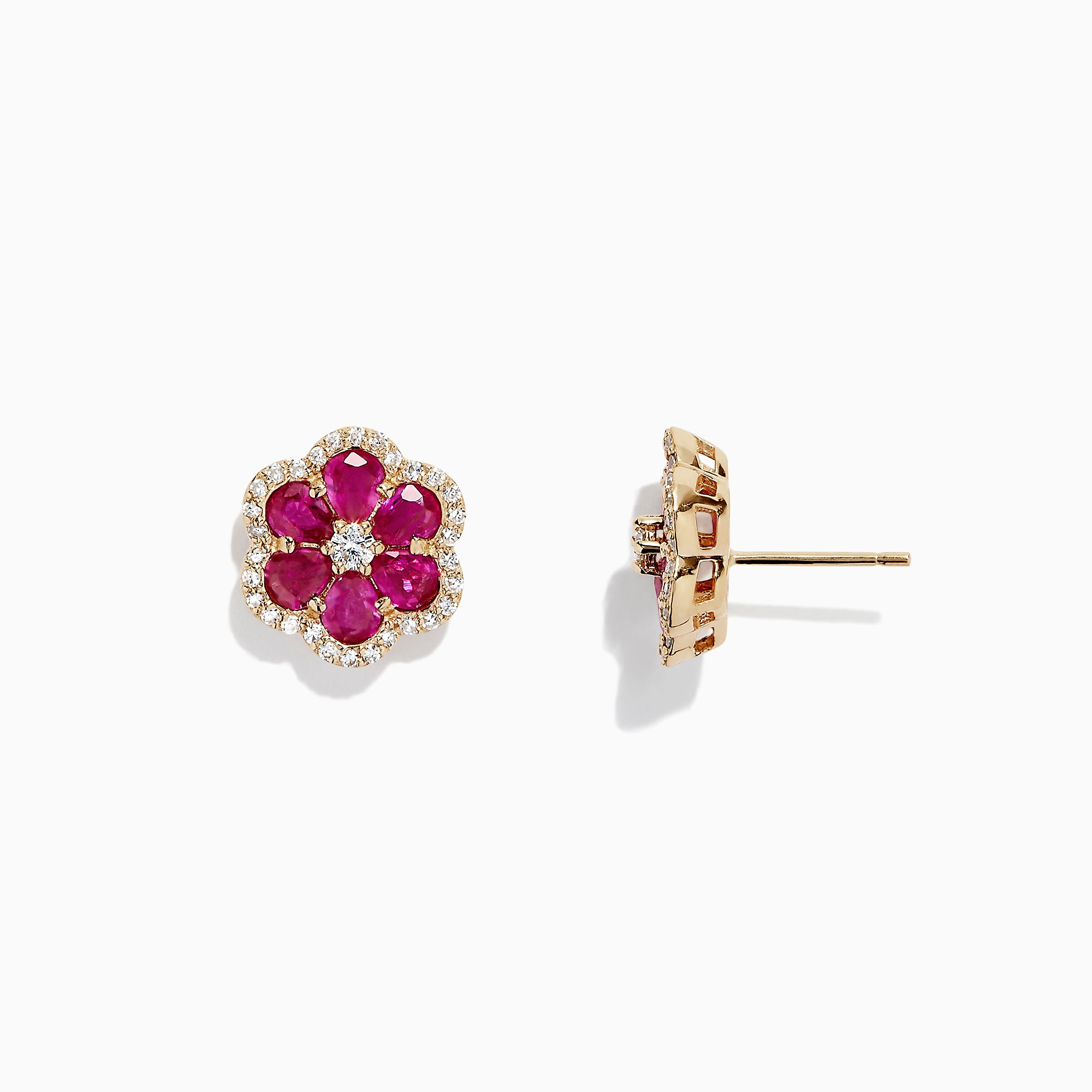 Effy Ruby Royale 14K Yellow Gold Ruby and Diamond Flower Earrings 
