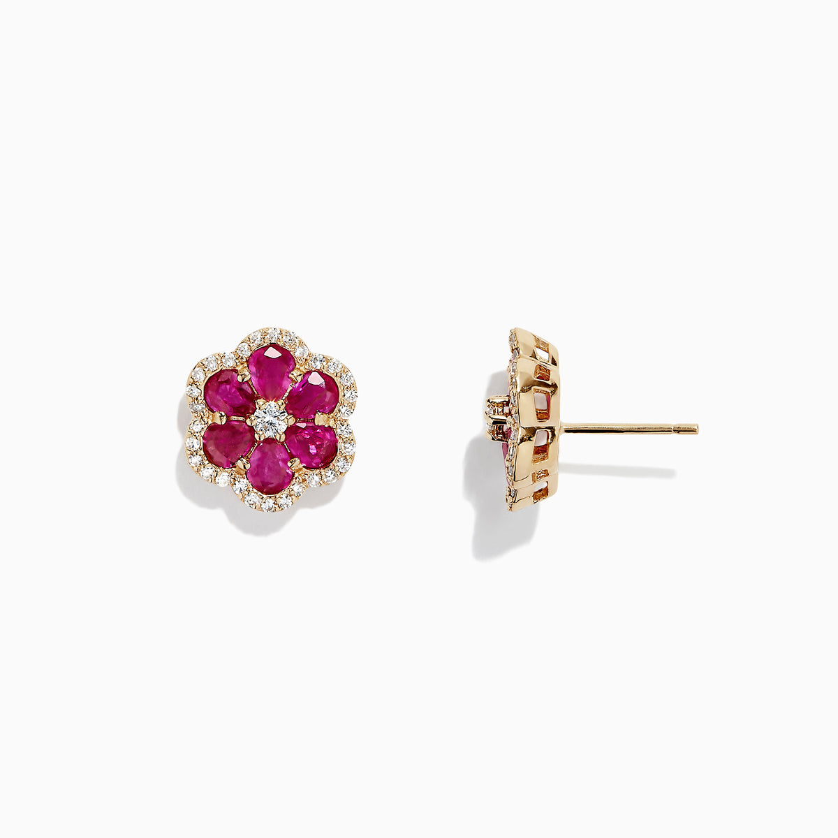 Ruby Royale 14K Yellow Gold Ruby Flower Stud Earrings, 3.18 TCW, feature bloom-shaped studs with six deep pink ruby petals encircling small clear stones and a central stone, all set in gold-tone metal.