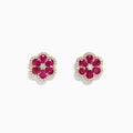Ruby Royale 14K Yellow Gold Ruby Flower Stud Earrings, 3.18 TCW, feature bloom-shaped studs with six deep pink ruby petals encircling small clear stones and a central stone, all set in gold-tone metal.