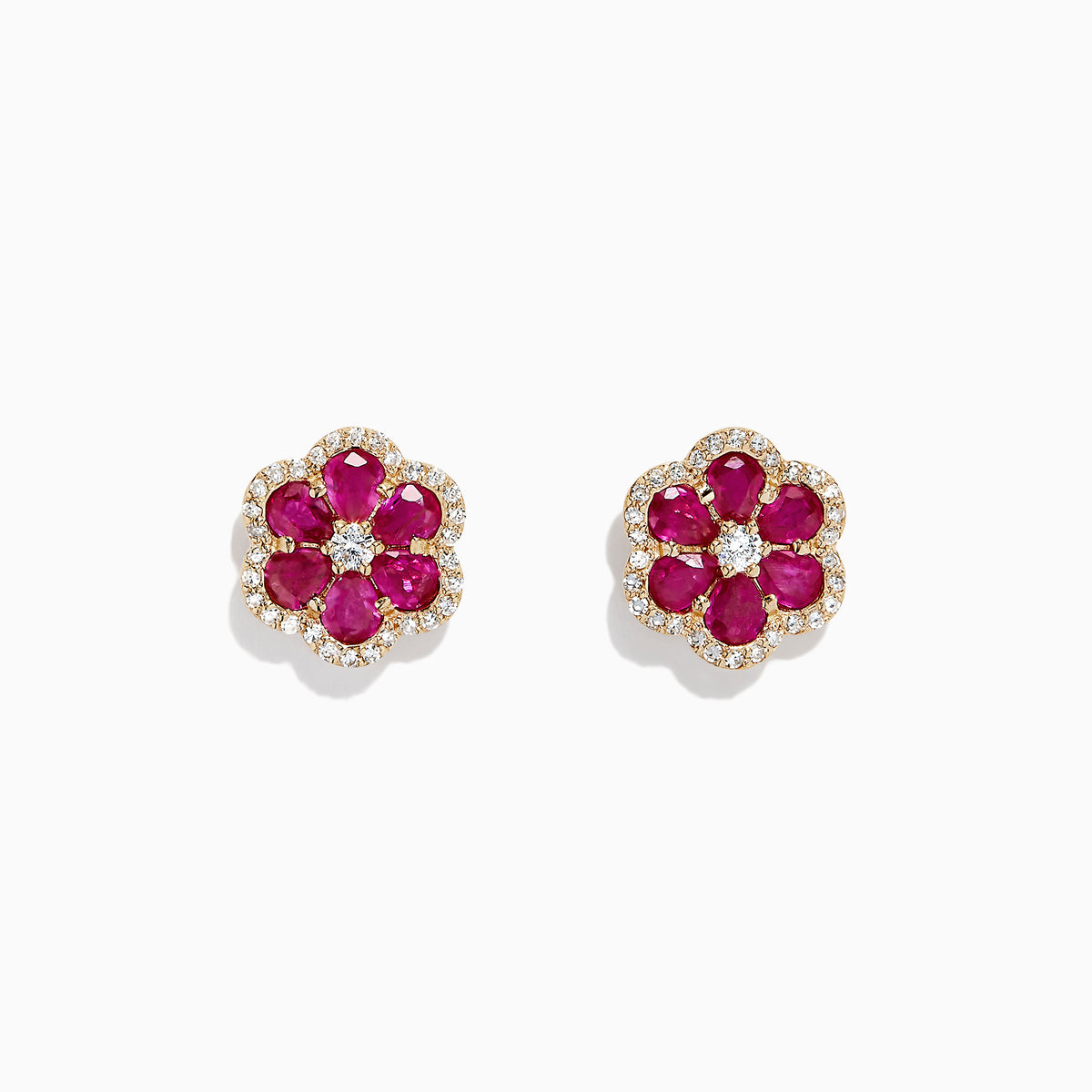Ruby Royale 14K Yellow Gold Ruby Flower Stud Earrings, 3.18 TCW, feature bloom-shaped studs with six deep pink ruby petals encircling small clear stones and a central stone, all set in gold-tone metal.