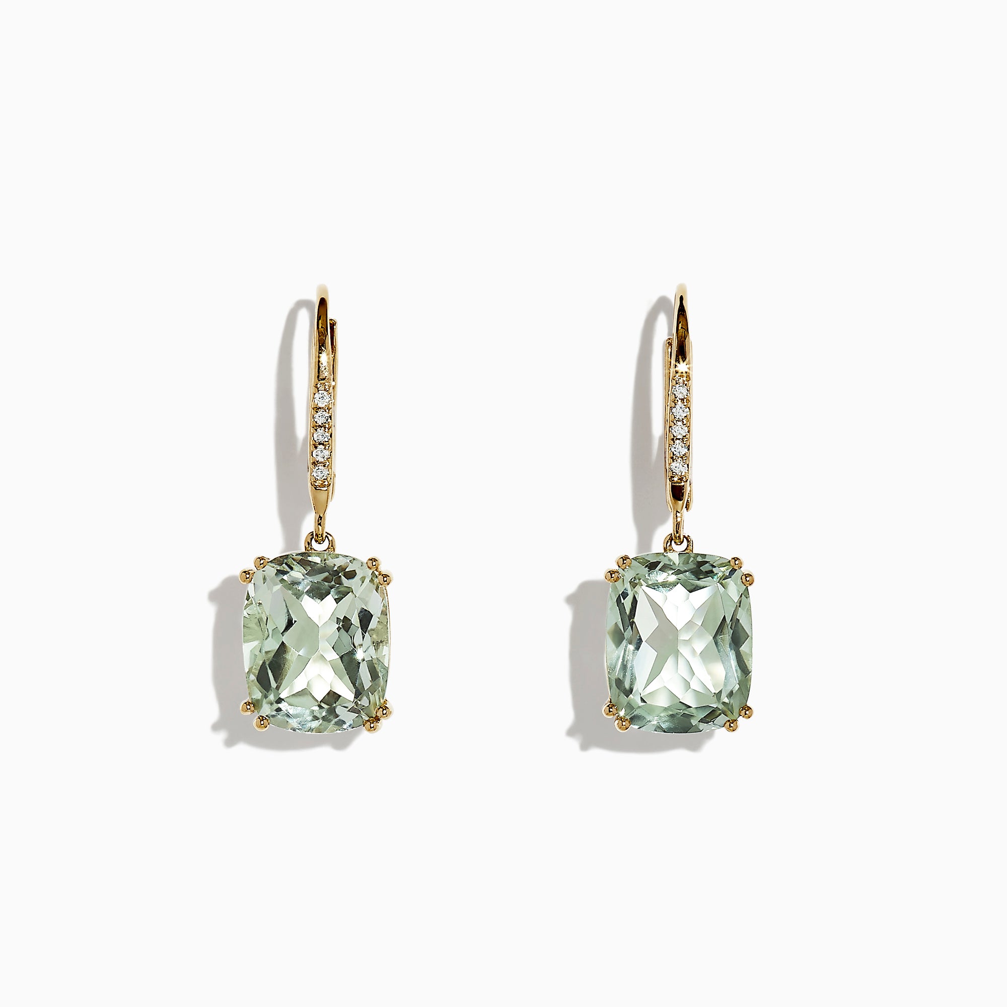 The 14K Yellow Gold Green Amethyst and Diamond Earrings (8.34 TCW) feature rectangular green amethysts and diamond accent stones on the hooks, shown against a white background.