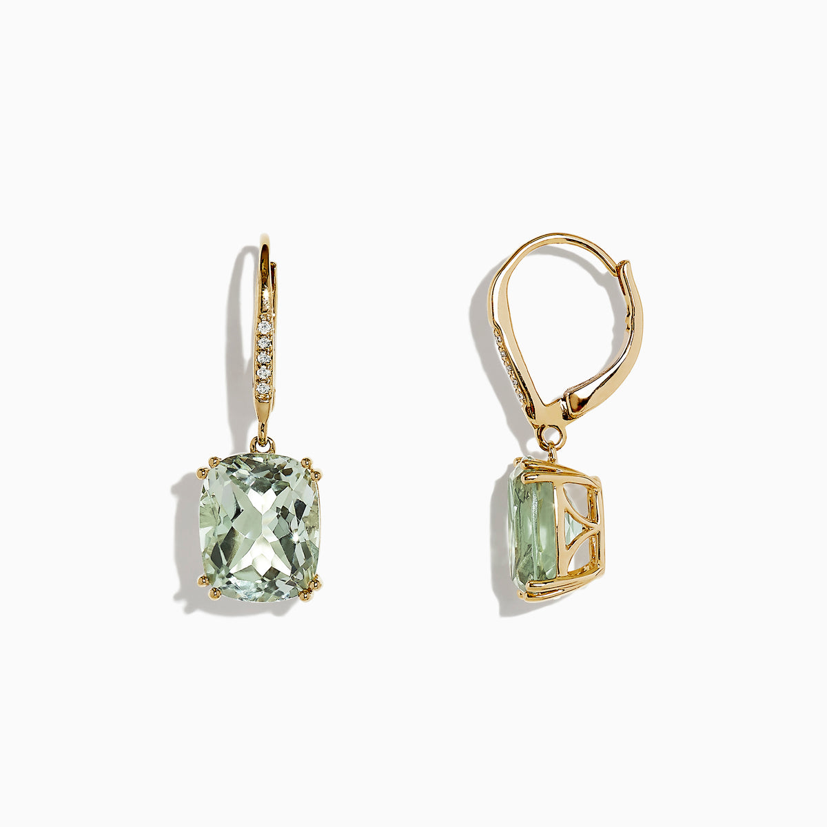 The 14K Yellow Gold Green Amethyst and Diamond Earrings (8.34 TCW) feature rectangular green amethysts and diamond accent stones on the hooks, shown against a white background.
