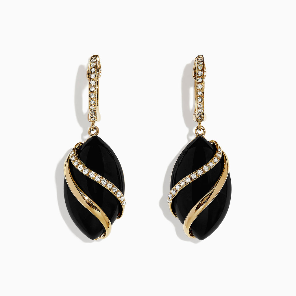 The Eclipse 14K Yellow Gold Onyx and Diamond Drop Earrings, 11.53 TCW, feature oval black onyx stones wrapped in gold with sparkling diamond accents, and yellow gold hooks adorned with white gemstones.