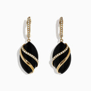 The Eclipse 14K Yellow Gold Onyx and Diamond Drop Earrings, 11.53 TCW, feature oval black onyx stones wrapped in gold with sparkling diamond accents, and yellow gold hooks adorned with white gemstones.