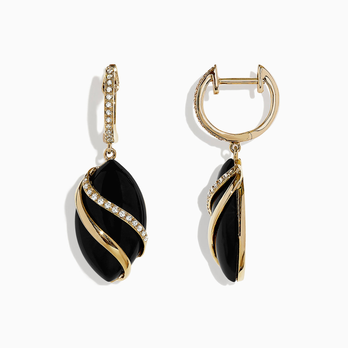 The Eclipse 14K Yellow Gold Onyx and Diamond Drop Earrings, 11.53 TCW, feature oval black onyx stones wrapped in gold with sparkling diamond accents, and yellow gold hooks adorned with white gemstones.