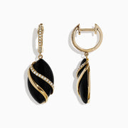 The Eclipse 14K Yellow Gold Onyx and Diamond Drop Earrings, 11.53 TCW, feature oval black onyx stones wrapped in gold with sparkling diamond accents, and yellow gold hooks adorned with white gemstones.