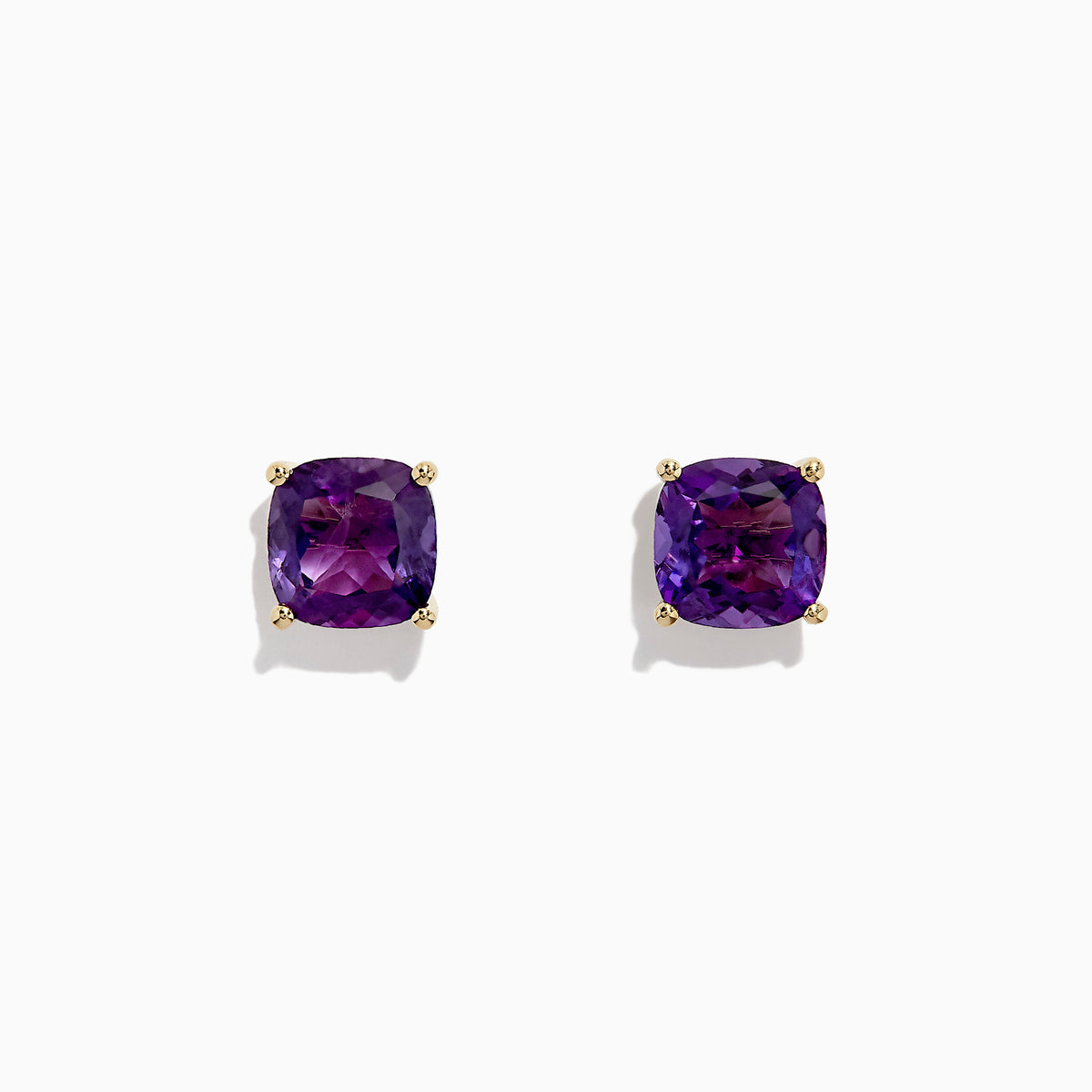A pair of 14K Yellow Gold Amethyst Stud Earrings, 4.25 TCW, with cushion-cut gems set in prongs, displayed against a plain white background.
