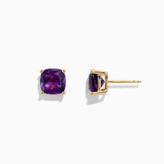 A pair of 14K Yellow Gold Amethyst Stud Earrings, 4.25 TCW, with cushion-cut gems set in prongs, displayed against a plain white background.
