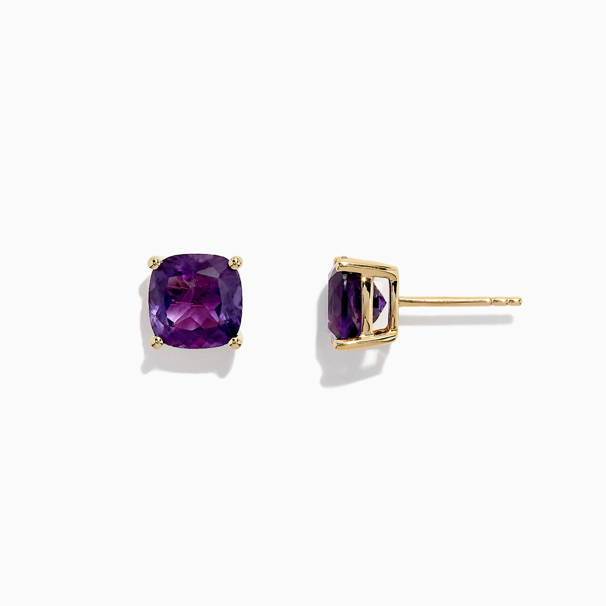A pair of 14K Yellow Gold Amethyst Stud Earrings, 4.25 TCW, with cushion-cut gems set in prongs, displayed against a plain white background.