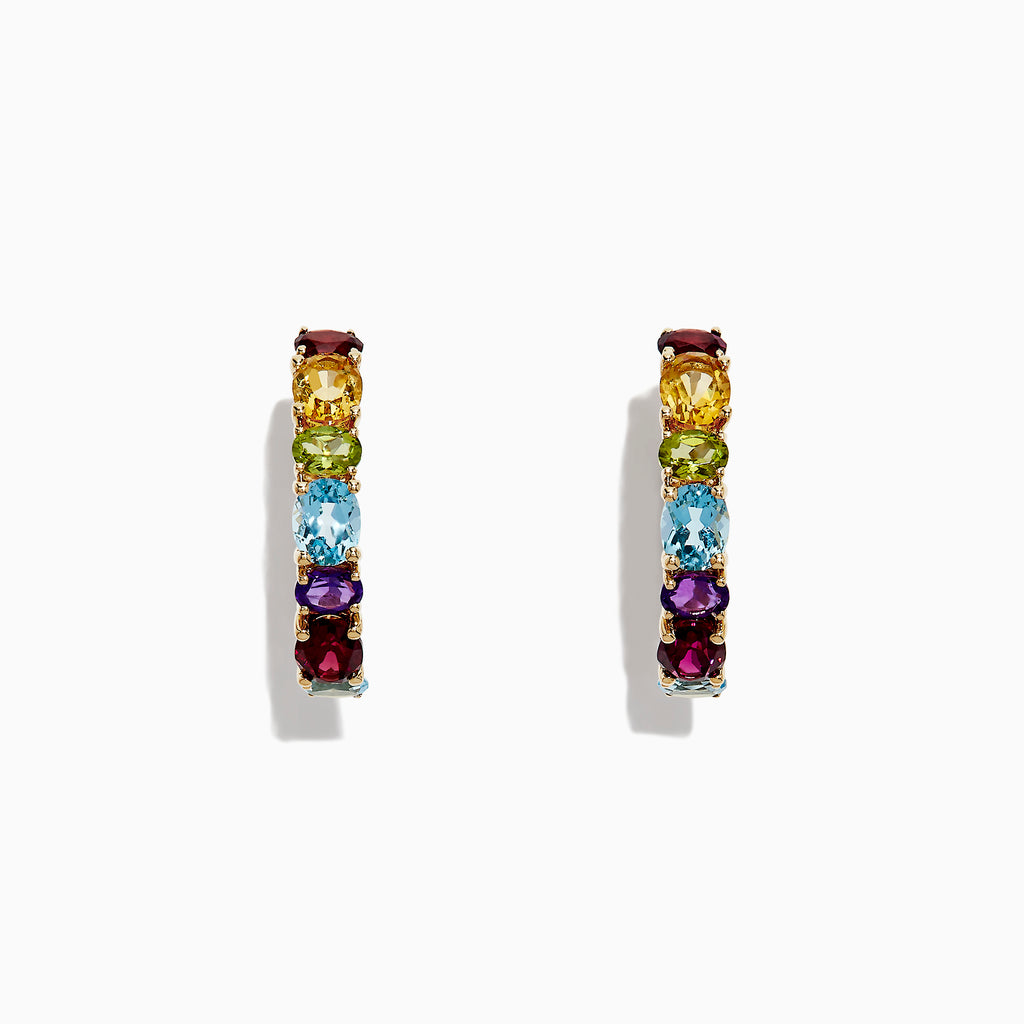 The Mosaic 14K Yellow Gold Multi Gemstone Hoop Earrings, 4.05 TCW, feature oval gems in red, yellow, green, blue, and purple hues arranged vertically on each earring against a white background.
