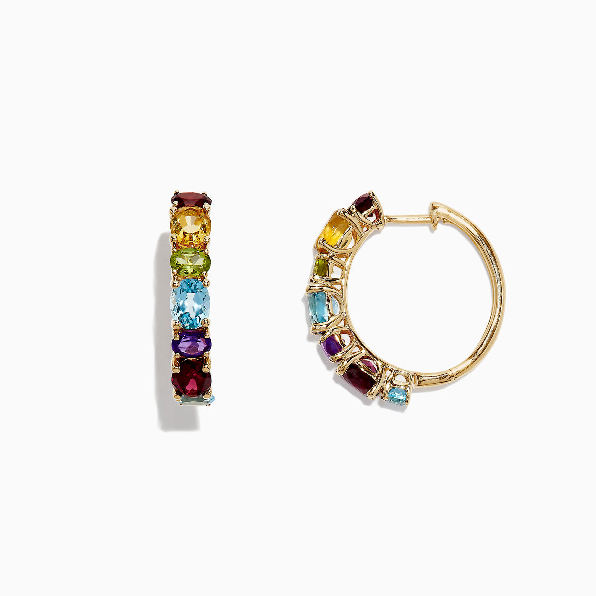 The Mosaic 14K Yellow Gold Multi Gemstone Hoop Earrings, 4.05 TCW, feature oval gems in red, yellow, green, blue, and purple hues arranged vertically on each earring against a white background.